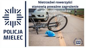 Nietrzeźwi rowerzyści zagrożeniem w ruchu drogowym, leżący na drodze rower, okulary i kask, w tle widać część samochodu