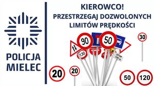 Plakat KPP w Mielcu - policjanci apelują o ostrożność na drogach i zdjęcie nogi z gazu!