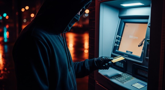 przestępca z kartą bankomatową przy bankomacie