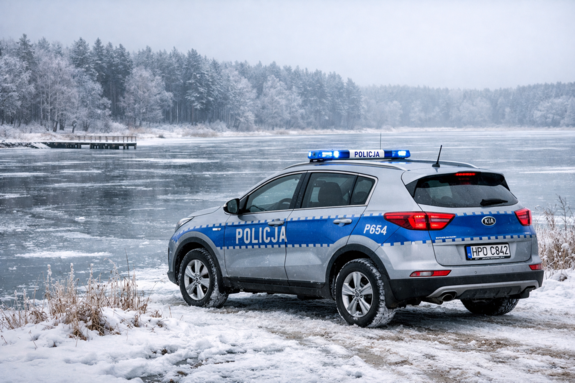 radiowóz policyjny przy zbiorniku wodnym